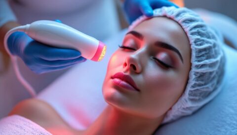 Woman receiving Omnilux Red Light Therapy Treatment