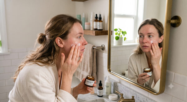 Woman putting face cream on looking into the mirror